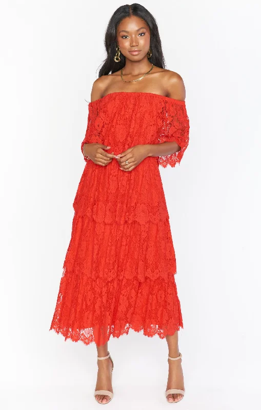 Lana Midi Dress ~ Red Spring Fling Lace Cozy A-Line Midi Dress