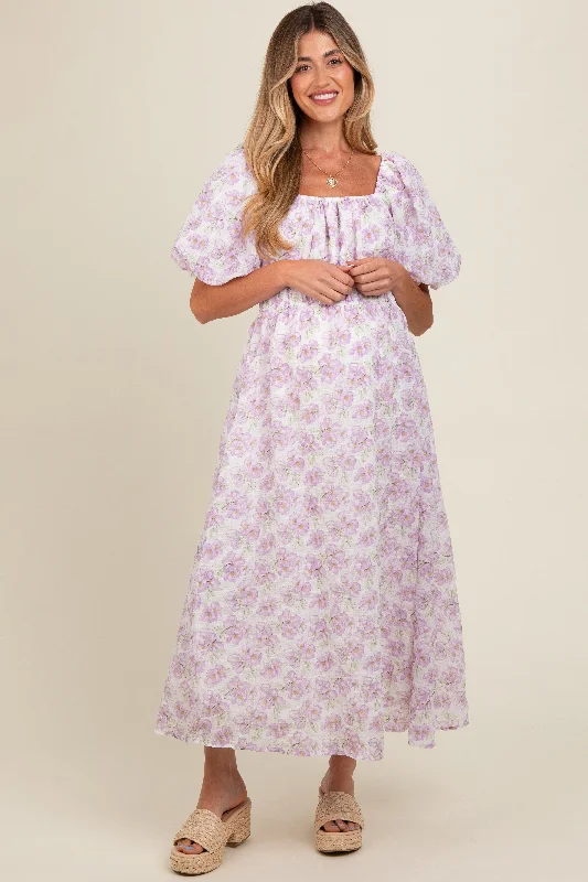 Lavender Floral Puff Sleeve Maternity Midi Dress Comfortable Casual Midi Dress