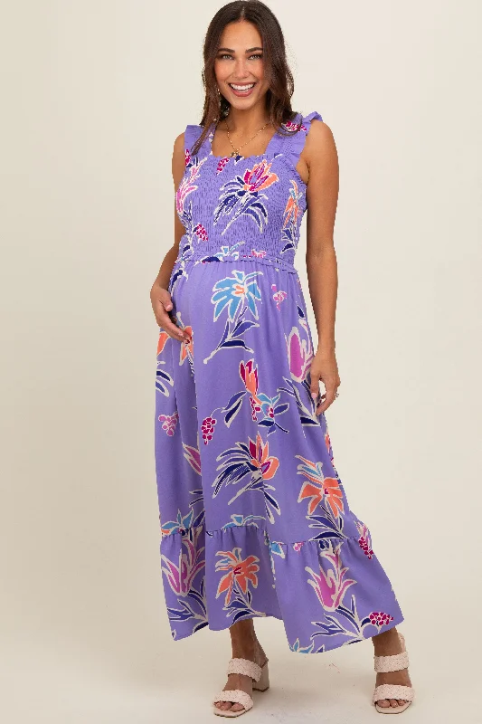 Lavender Floral Smocked Maternity Midi Dress Comfortable Empire Waist Midi Dress