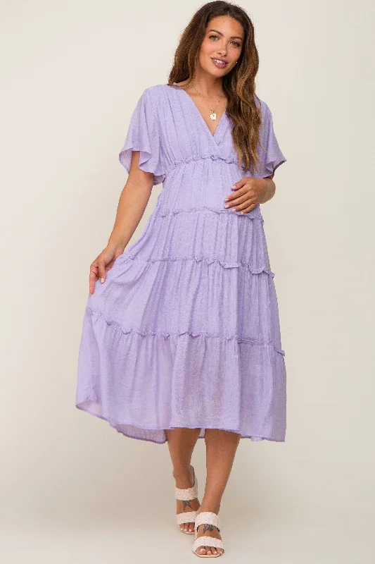 Lavender Ruffle Tiered V-Neck Maternity Midi Dress Trendy Ruched Side Midi Dress