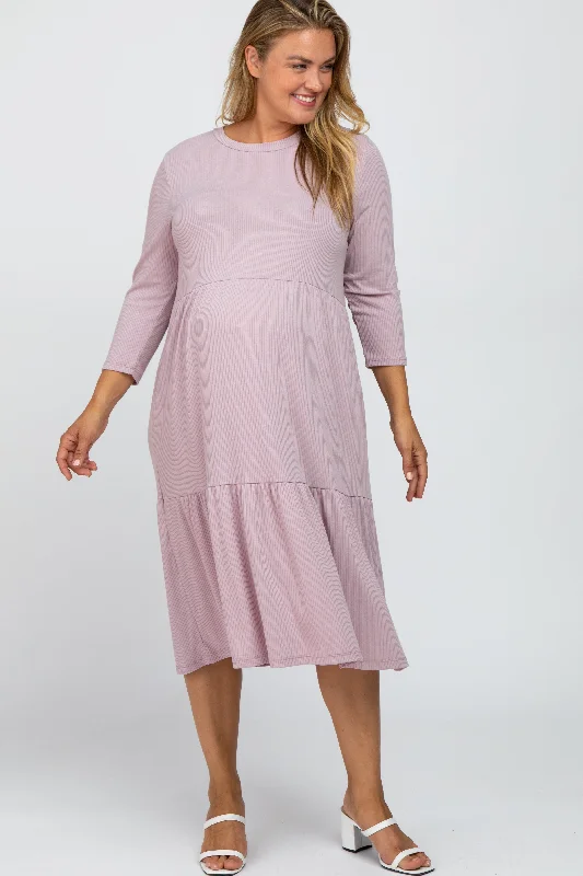 Lavender Tiered Ribbed 3/4 Sleeve Plus Maternity Midi Dress Elegant Faux Wrap Midi Dress Lavender Tiered Ribbed 3/4 Sleeve Plus Maternity Midi Dress Elegant Faux Wrap Midi Dress