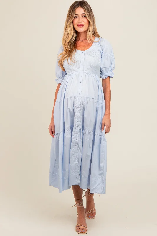 Light Blue Contrast Top Tiered Maternity Midi Dress Chic Bohemian Midi Dress