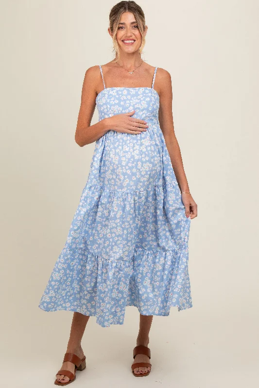 Light Blue Floral Cutout Tie Back Maternity Midi Dress Stylish Silk Midi Dress