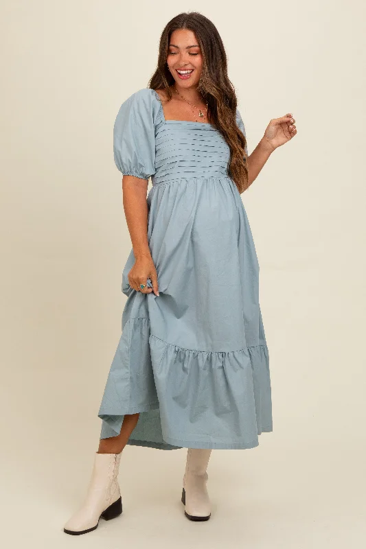 Light Blue Pleated Bodice Puff Sleeve Maternity Midi Dress Comfortable Geometric Print Midi Dress Light Blue Pleated Bodice Puff Sleeve Maternity Midi Dress Comfortable Geometric Print Midi Dress