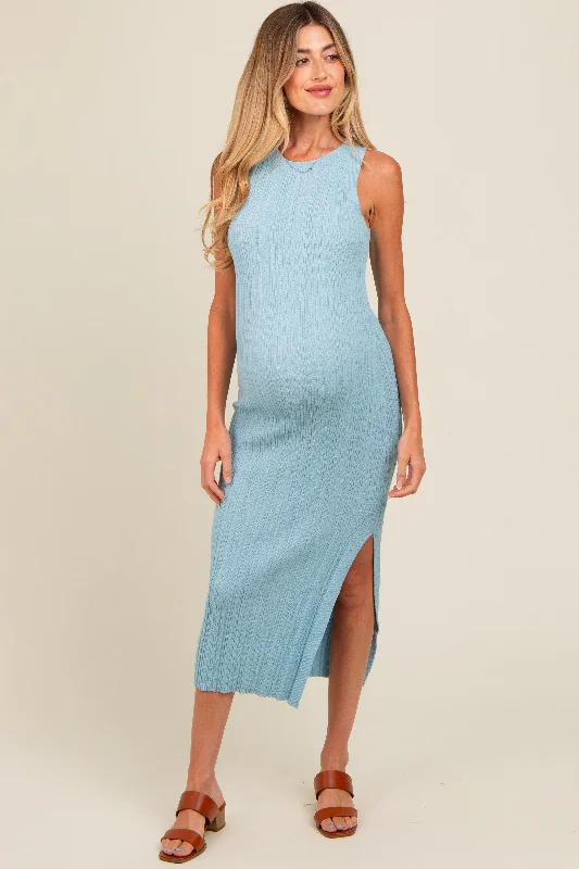 Light Blue Ribbed Side Slit Sleeveless Maternity Midi Dress Trendy Knit Midi Dress
