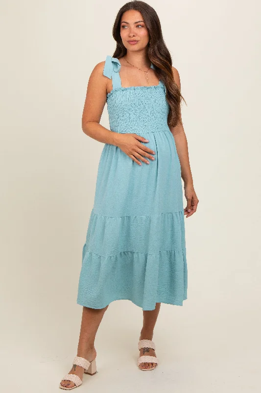 Light Blue Smocked Tie Strap Tiered Maternity Midi Dress Elegant Lace Trim Midi Dress Light Blue Smocked Tie Strap Tiered Maternity Midi Dress Elegant Lace Trim Midi Dress