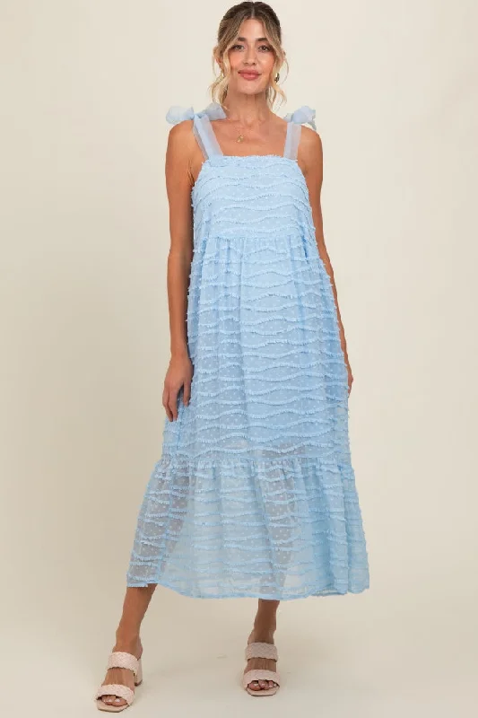 Light Blue Textured Shoulder Tie Maternity Midi Dress Cozy Wide Strap Midi Dress