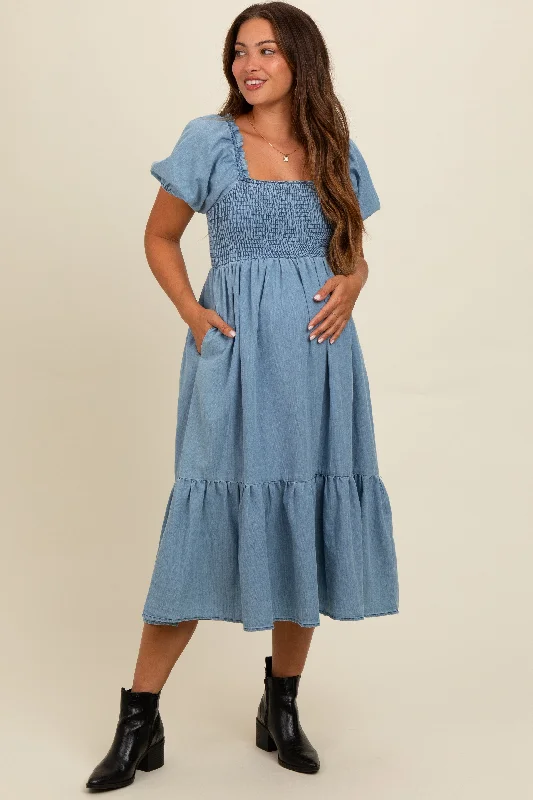 Light Blue Vintage Wash Chambray Smocked Maternity Midi Dress Trendy Flared Sleeve Midi Dress Light Blue Vintage Wash Chambray Smocked Maternity Midi Dress Trendy Flared Sleeve Midi Dress