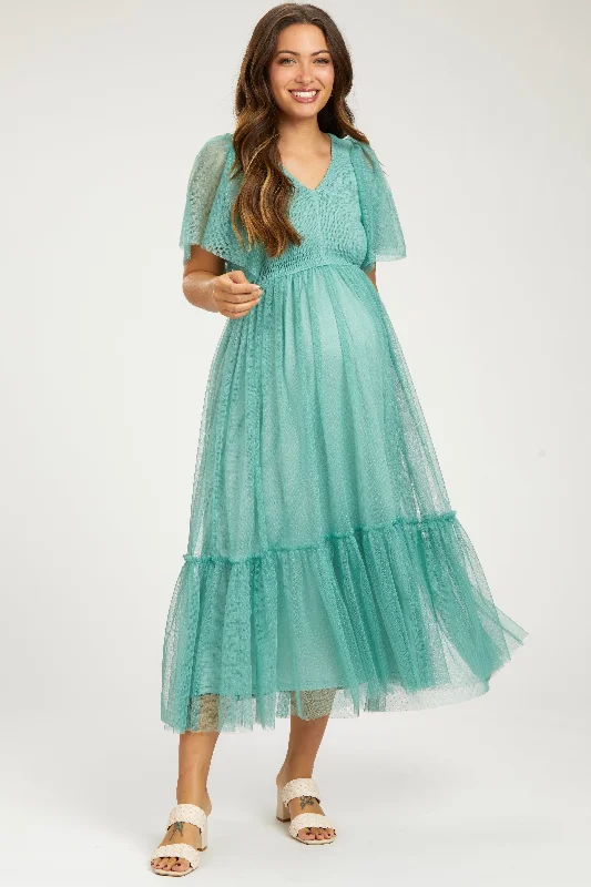 Light Olive Dotted Tulle Smocked Maternity Midi Dress Fashionable One-Shoulder Midi Dress Light Olive Dotted Tulle Smocked Maternity Midi Dress Fashionable One-Shoulder Midi Dress