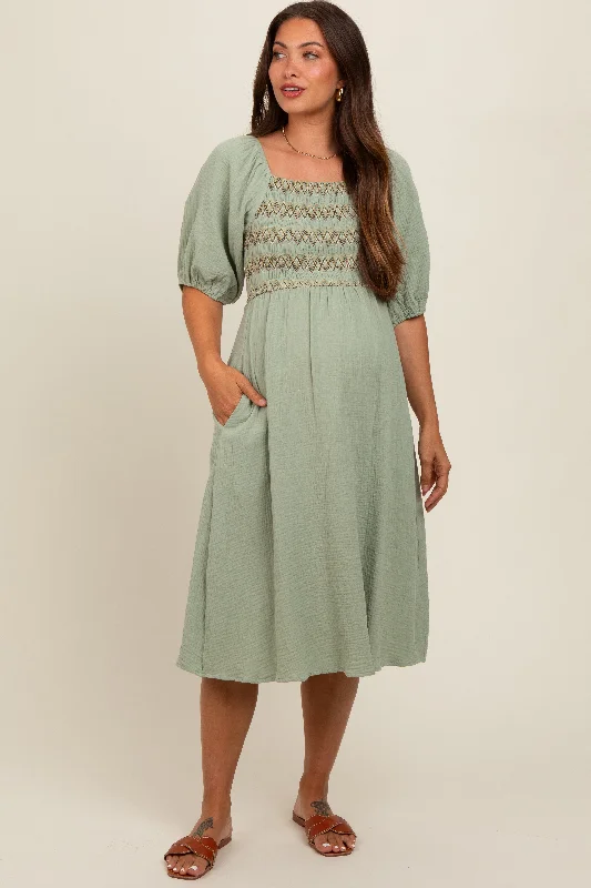 Light Olive Embroidered Maternity Midi Dress Cozy T-shirt Midi Dress