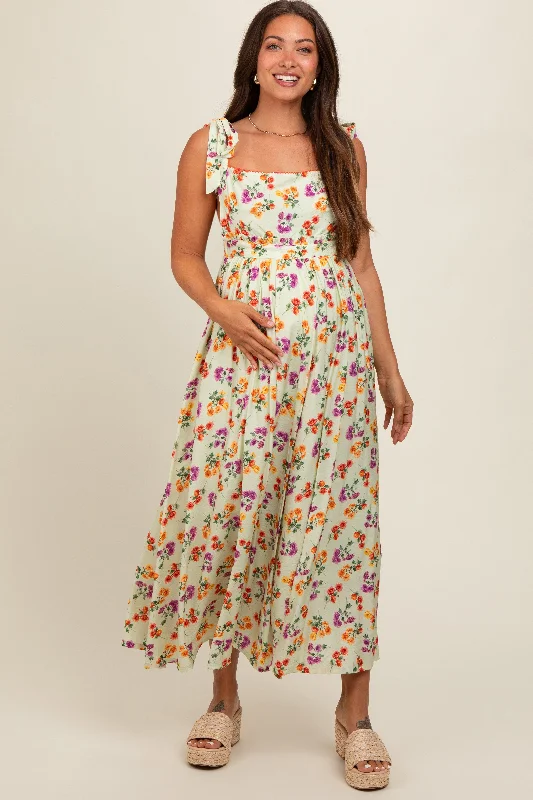 Light Olive Floral Open Back Maternity Midi Dress Trendy Square Neck Midi Dress