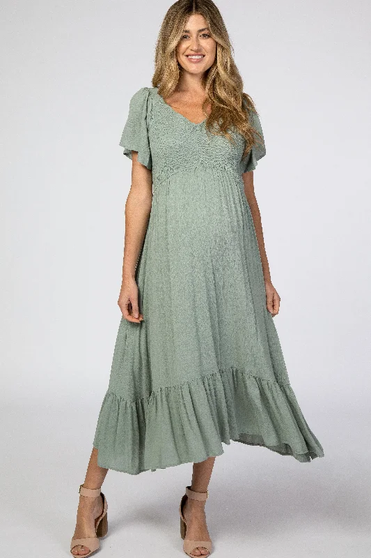 Light Olive Smocked V-Neck Maternity Midi Dress Stylish Vintage Midi Dress