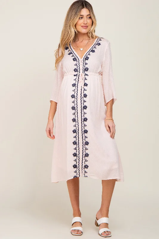 Light Pink Floral Embroidered 3/4 Sleeve Maternity Midi Dress Elegant Satin Button Midi Dress Light Pink Floral Embroidered 3/4 Sleeve Maternity Midi Dress Elegant Satin Button Midi Dress