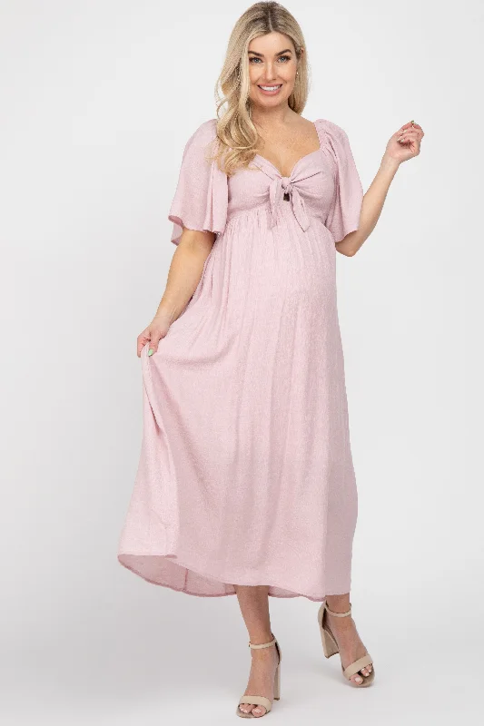 Light Pink Front Tie Ruffle Sleeve Maternity Midi Dress Trendy Knit Midi Dress