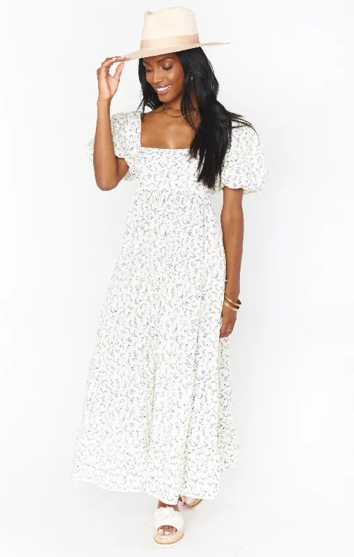 Linds Midi Dress ~ Cornflower Blues Comfortable Ruched Midi Dress