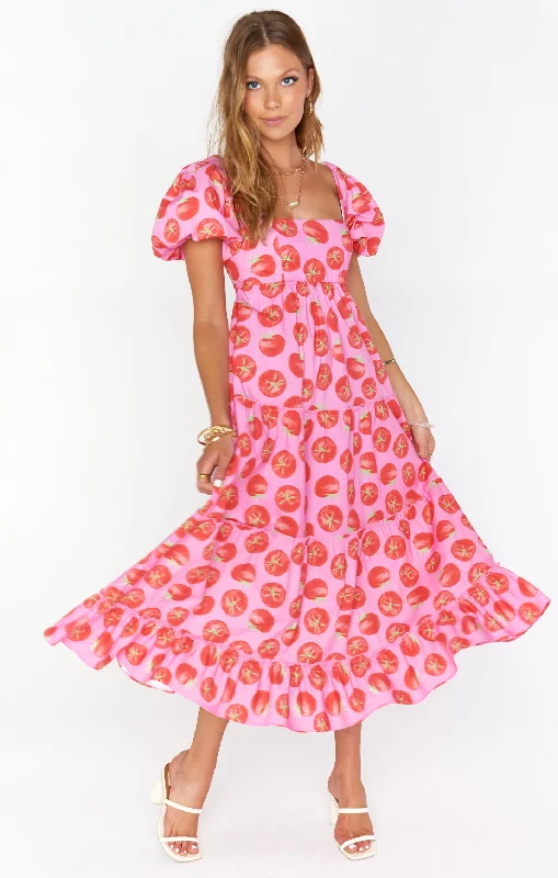 Linds Midi Dress ~ Spicy Tomato Trendy Smocked Detail Midi Dress