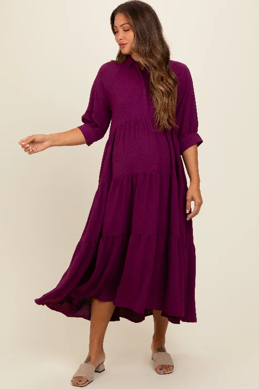 Magenta Collared Button Up Tiered Maternity Midi Dress Comfortable Empire Waist Midi Dress Magenta Collared Button Up Tiered Maternity Midi Dress Comfortable Empire Waist Midi Dress