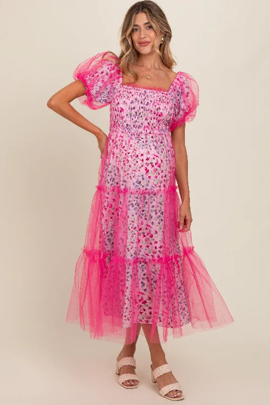 Magenta Floral Lined Smocked Tulle Maternity Midi Dress Stylish High-Waisted Midi Dress Magenta Floral Lined Smocked Tulle Maternity Midi Dress Stylish High-Waisted Midi Dress