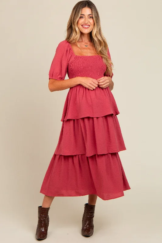 Magenta Smocked Body Ruffled Tiered Maternity Midi Dress Fashionable Shift Midi Dress Magenta Smocked Body Ruffled Tiered Maternity Midi Dress Fashionable Shift Midi Dress