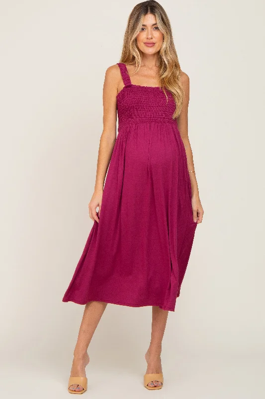 Magenta Smocked Ruffle Strap Maternity Midi Dress Stylish Wraparound Midi Dress