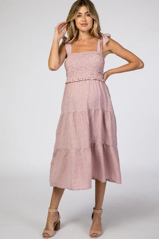 Mauve Bow Strap Tiered Maternity Midi Dress Cozy Midi Dress with Pockets