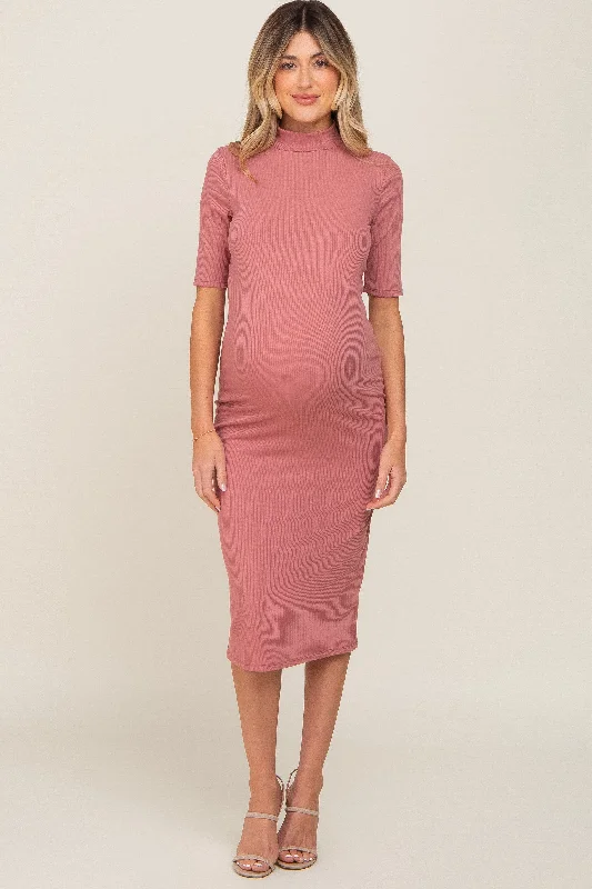 Mauve Ribbed Mock Neck Maternity Midi Dress Fashionable Floral Embroidery Midi Dress Mauve Ribbed Mock Neck Maternity Midi Dress Fashionable Floral Embroidery Midi Dress