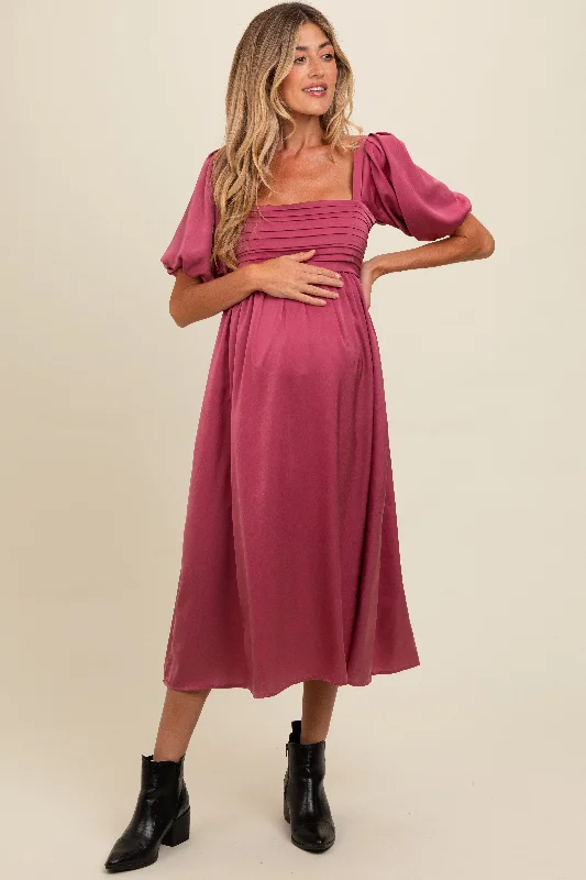 Mauve Satin Pleated Bodice Puff Sleeve Maternity Midi Dress Comfortable Fit-and-Flare Midi Dress