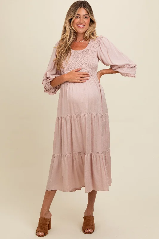 Mauve Smocked Ruffle Shoulder Tiered Maternity Midi Dress Fashionable Sheer Sleeve Midi Dress Mauve Smocked Ruffle Shoulder Tiered Maternity Midi Dress Fashionable Sheer Sleeve Midi Dress