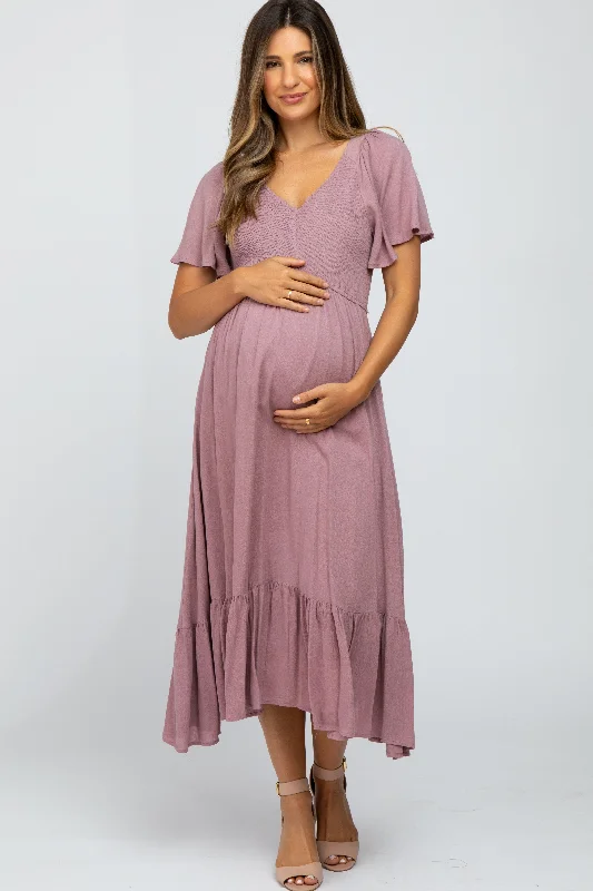 Mauve Smocked V-Neck Maternity Midi Dress Fashionable Polka Dot Midi Dress
