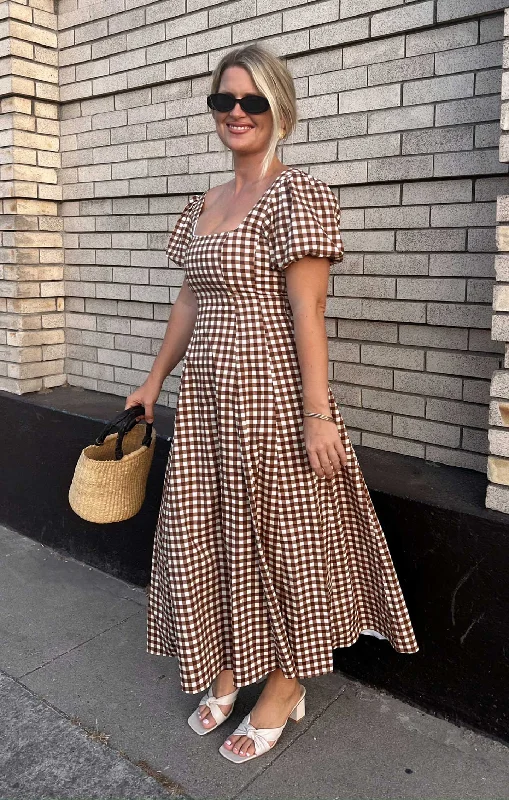 Mia Midi Dress ~ Brown Gingham Elegant Floral Midi Dress