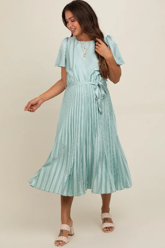 Mint Green Satin Pleated Sash Tie Maternity Midi Dress Fashionable Shift Midi Dress