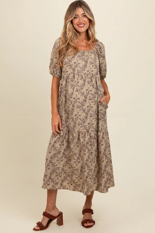 Mocha Floral Ruffle Hem Maternity Midi Dress Cozy Tie-Dye Midi Dress