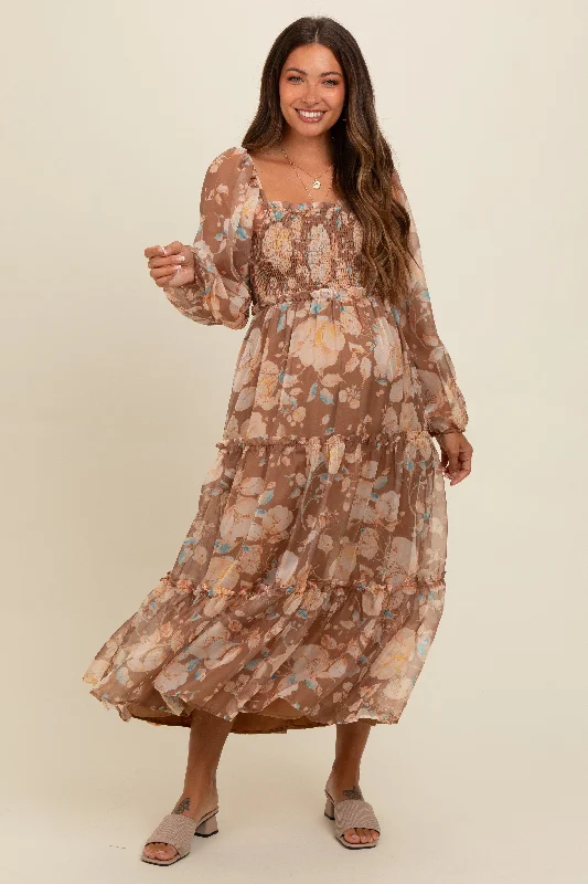 Mocha Floral Square Neck Smocked Maternity Midi Dress Elegant Faux Wrap Midi Dress