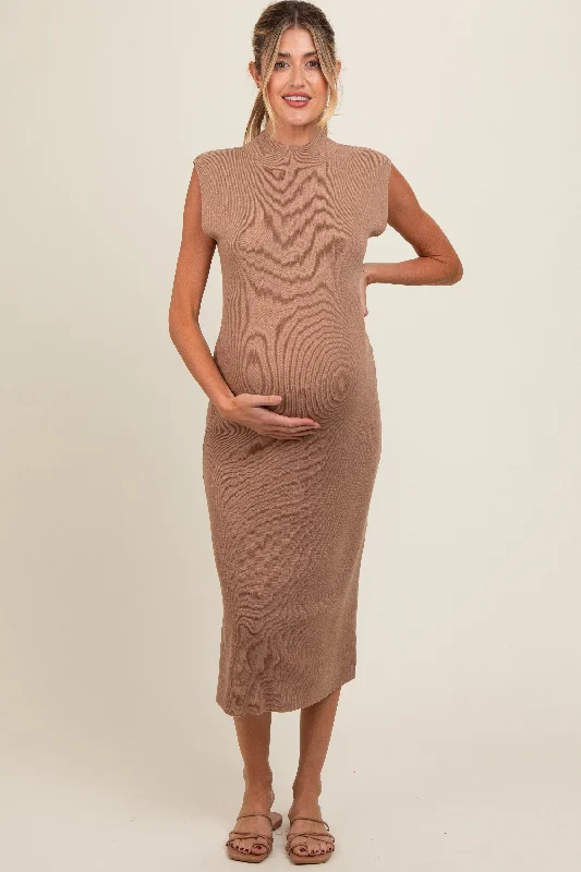 Mocha Knit Mock Neck Maternity Midi Dress Elegant Velvet Midi Dress