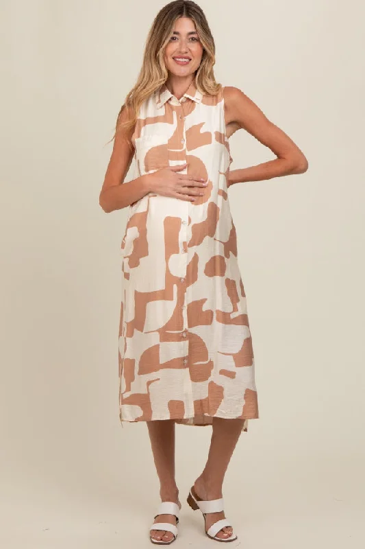 Mocha Printed Button Down Collared Maternity Midi Dress Elegant Lace Trim Midi Dress Mocha Printed Button Down Collared Maternity Midi Dress Elegant Lace Trim Midi Dress