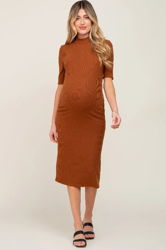 Mocha Ribbed Mock Neck Maternity Midi Dress Trendy Mock Neck Midi Dress