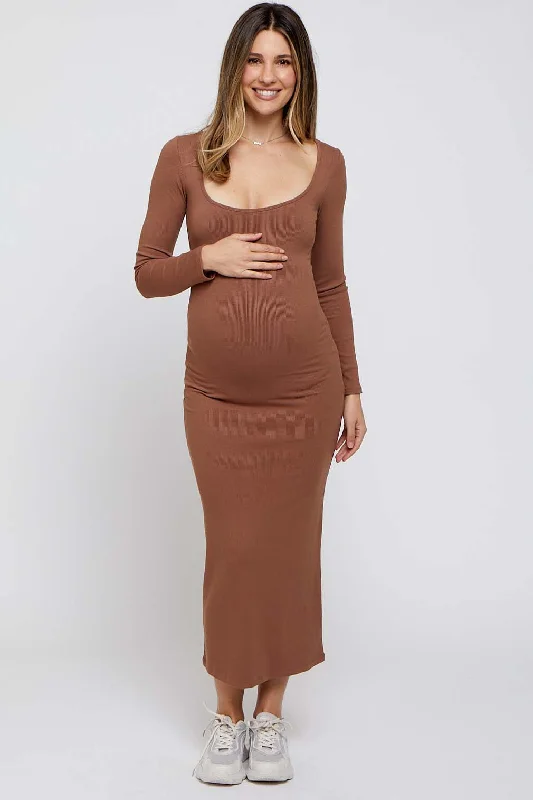 Mocha Ribbed Scoop Neck Maternity Midi Dress Fashionable Skater Midi Dress