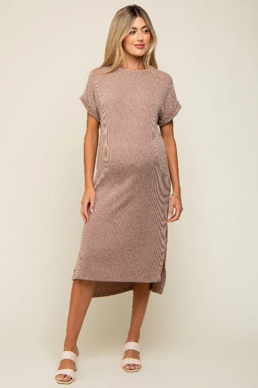 Mocha Ribbed Short Sleeve Maternity Midi Dress Chic Bohemian Midi Dress