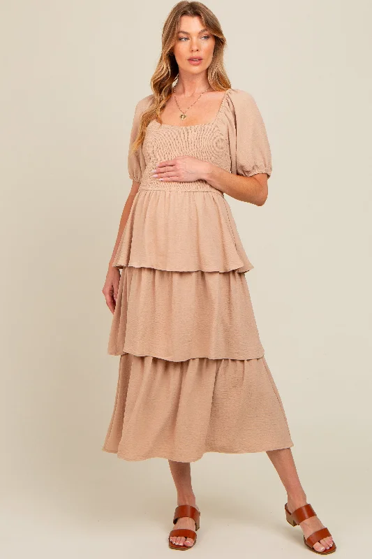 Mocha Smocked Body Ruffled Tiered Maternity Midi Dress Fashionable High-Neck Midi Dress Mocha Smocked Body Ruffled Tiered Maternity Midi Dress Fashionable High-Neck Midi Dress