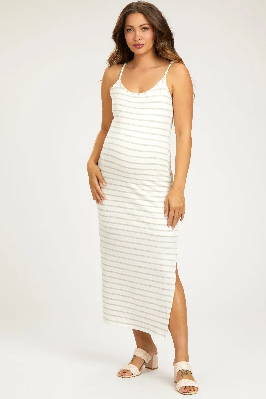Mocha Striped Knit Side Slit Sleeveless Maternity Midi Dress Fashionable Wide Leg Midi Dress Mocha Striped Knit Side Slit Sleeveless Maternity Midi Dress Fashionable Wide Leg Midi Dress