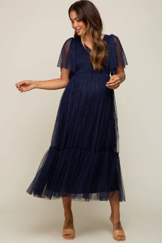 Navy Blue Dotted Tulle Smocked Maternity Midi Dress Trendy Square Neck Midi Dress