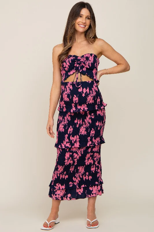 Navy Blue Floral Smocked Drawstring Front Cutout Ruffle Trim Maternity Midi Dress Cozy Midi Dress with Pockets Navy Blue Floral Smocked Drawstring Front Cutout Ruffle Trim Maternity Midi Dress Cozy Midi Dress with Pockets