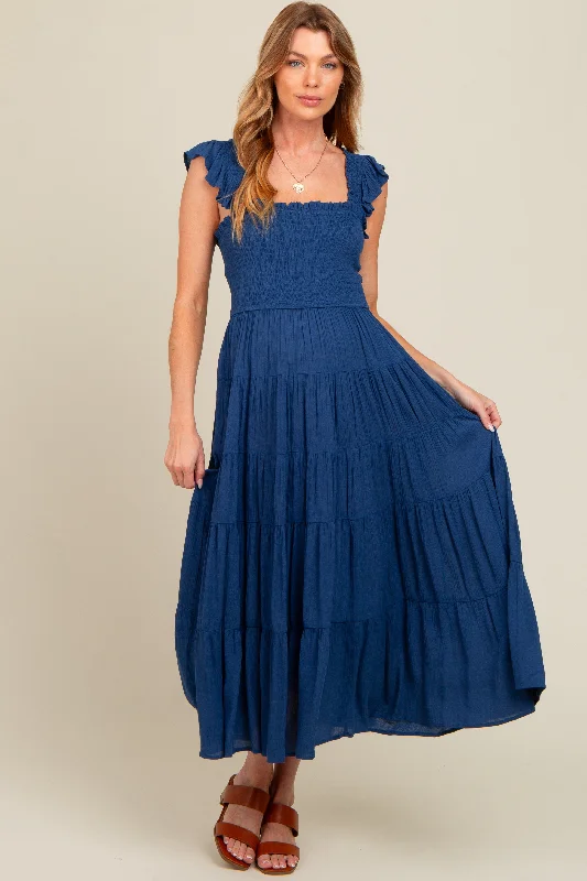 Navy Blue Smocked Tiered Ruffle Strap Maternity Midi Dress Fashionable High-Low Midi Dress Navy Blue Smocked Tiered Ruffle Strap Maternity Midi Dress Fashionable High-Low Midi Dress
