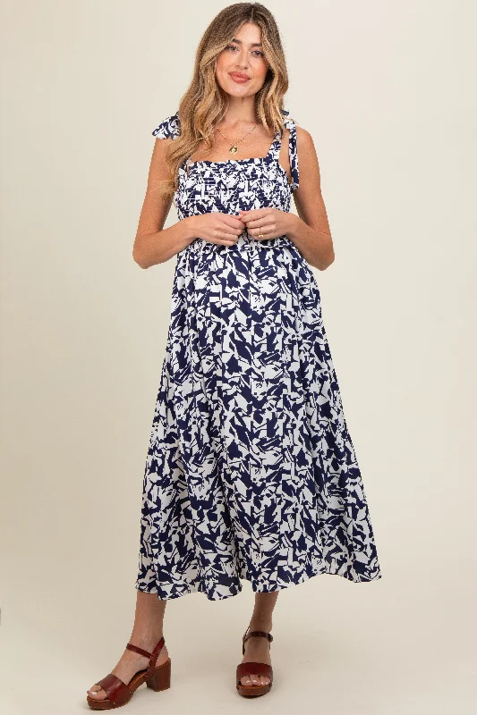 Navy Printed Smocked Shoulder Tie Maternity Midi Dress Trendy Fit-and-Flare Midi Dress