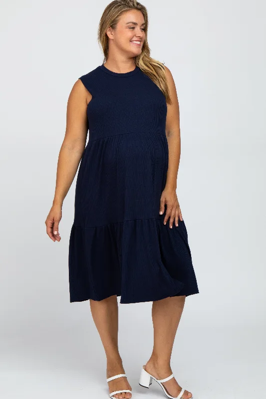 Navy Ribbed Sleeveless Plus Maternity Midi Dress Comfortable Deep V Midi Dress