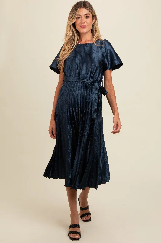 Navy Satin Pleated Sash Tie Maternity Midi Dress Elegant Satin Slip Midi Dress