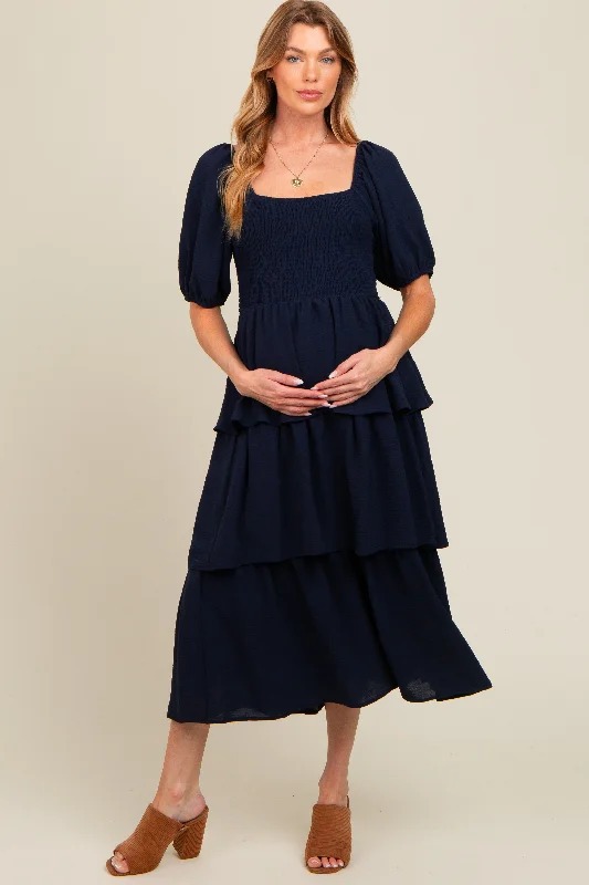Navy Smocked Body Ruffled Tiered Maternity Midi Dress Trendy Flared Sleeve Midi Dress Navy Smocked Body Ruffled Tiered Maternity Midi Dress Trendy Flared Sleeve Midi Dress
