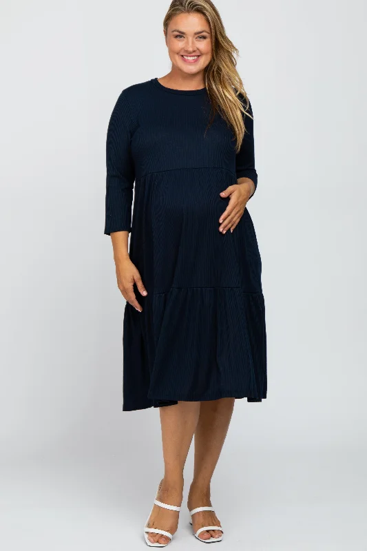 Navy Tiered Ribbed 3/4 Sleeve Plus Maternity Midi Dress Trendy Mock Neck Midi Dress