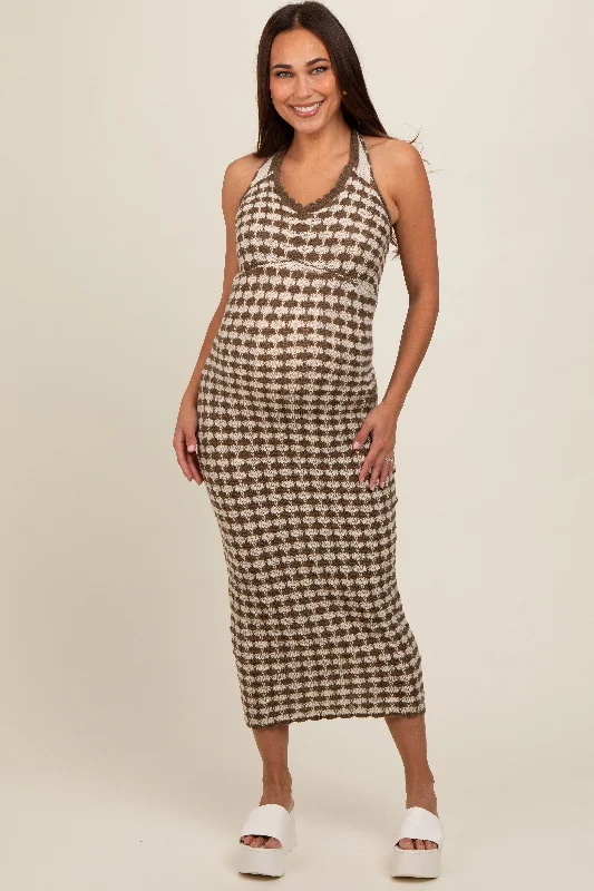 Olive Crochet Knit Ruffle Strap Maternity Midi Dress Fashionable Pleated Midi Dress
