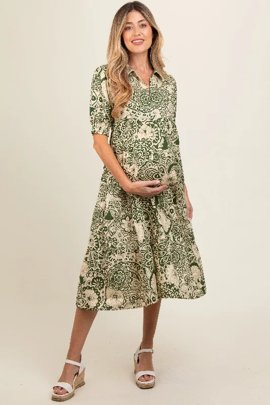 Olive Floral Collared Tiered Maternity Midi Dress Trendy Long Sleeve Midi Dress